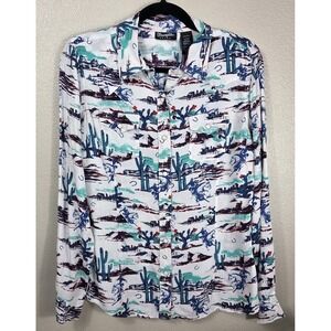 Wrangler Retro Western Snap Shirt Women Small Cowboy Desert Print Rayon Pearl...